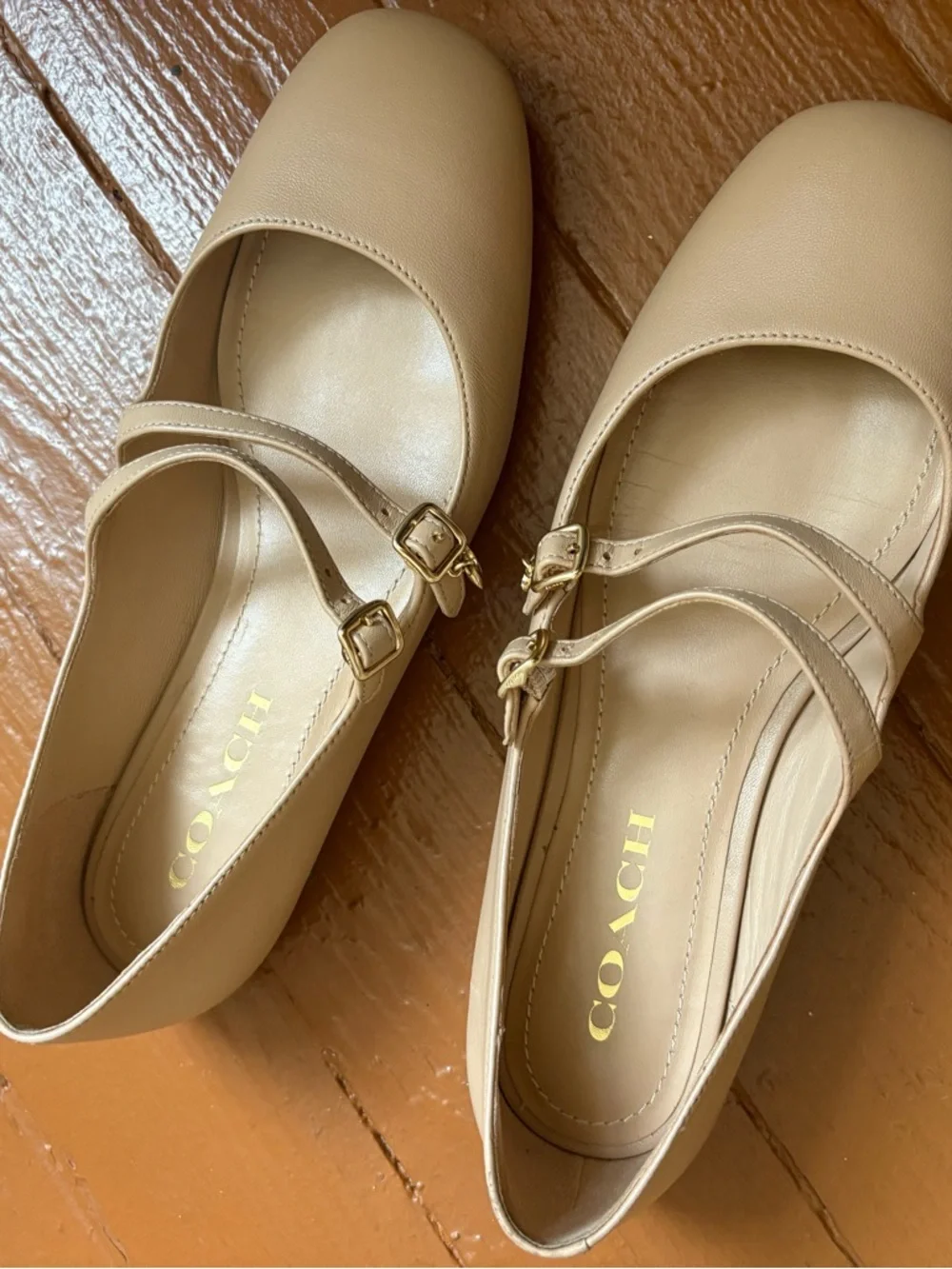 COACH Beige Double-Strap Mary Jane Flats